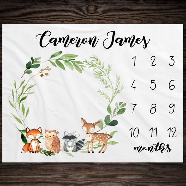 Woodland Milestone Blanket Monthly Growth Tracker Soft Fleece Fox Blanket Baby Shower Gift Newborn Gift Blanket Watch Me Grow Baby Boy