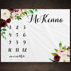 Girl Milestone Blanket Month Growth Tracker Minky Fleece Blanket Custom Personalized Baby Shower Gift Watercolor Floral Newborn