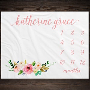 Baby Girl Milestone Blanket Month Growth Tracker Minky Fleece Blanket Custom Personalized Baby Shower Gift Watercolor Floral Newborn