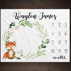 Woodland Milestone Blanket Monthly Growth Tracker Soft Fleece Fox Blanket Baby Shower Gift Newborn Gift Blanket Watch Me Grow Baby Boy image 1