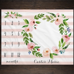 Girl Milestone Blanket Month Growth Tracker Minky Fleece Blanket Custom Personalized Baby Shower Gift Watercolor Floral Newborn