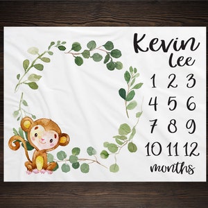 Monkey Milestone Blanket Monthly Growth Tracker Soft Fleece Blanket Baby Shower Gift Newborn Gift Blanket Watch Me Grow Baby Safari