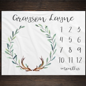 Woodland Milestone Blanket Monthly Growth Tracker Soft Fleece Antler Blanket Baby Shower Gift Newborn Gift Blanket Watch Me Grow Baby Boy