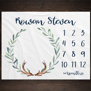 Woodland Milestone Blanket Monthly Growth Tracker Soft Fleece Antler Blanket Baby Shower Gift Newborn Gift Blanket Watch Me Grow Baby Boy image 1