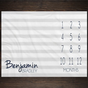 Boy Milestone Blanket Month Blanket Baby Baby Growth Tracker Soft Fleece Blanket Baby Shower Newborn Gift Blanket Watch Me Grow Gray Stripes