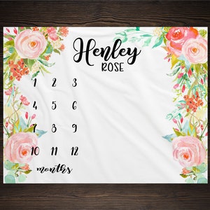 Girl Milestone Blanket Month Growth Tracker Minky Fleece Blanket Custom Personalized Baby Shower Gift Watercolor Floral Newborn