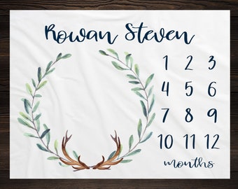 Woodland Milestone Blanket Monthly Growth Tracker Soft Fleece Antler Blanket Baby Shower Gift Newborn Gift Blanket Watch Me Grow Baby Boy