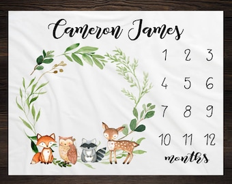 Woodland Milestone Blanket Monthly Growth Tracker Soft Fleece Fox Blanket Baby Shower Gift Newborn Gift Blanket Watch Me Grow Baby Boy