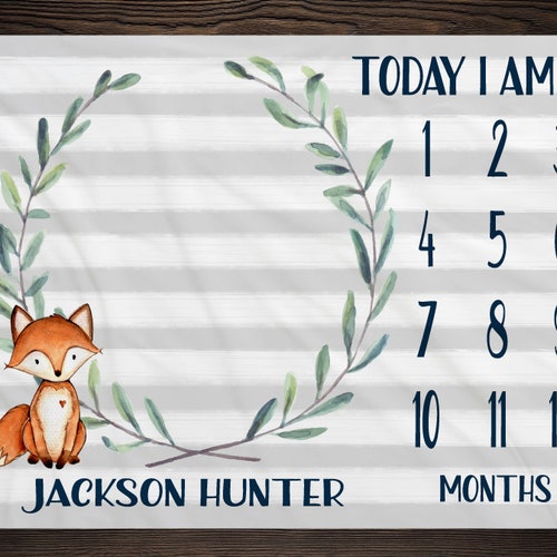 Baby Milestone Blanket Fox Month Blanket Baby Growth Tracker Etsy