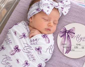 Bow Personalized Swaddle Blanket, Optional Bundle, Newborn Coming Home Outfit Photo Props, Baby Announcement Sign, Baby Shower Gift JS28