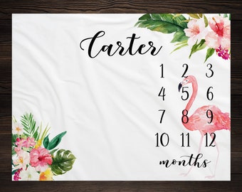 Flamingo Baby Blanket Tropical Milestone Blanket Monthly Growth Tracker Soft Fleece Minky Blanket Baby Shower Newborn Gift Floral Blanket