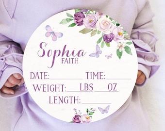 Butterfly Birth Stats Round Wood Baby Name Sign Wooden Personalized Butterfly Baby Name Newborn Announcement Custom Nursery Sign Hello World