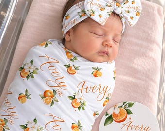 Clementine Orange Personalized Swaddle, Optional Bundle, Newborn Coming Home Outfit Photo Props, Announcement Sign, Baby Shower Gift JS28