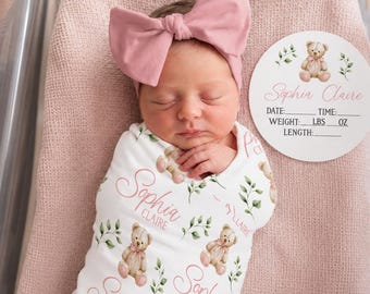 Personalized Teddy Bear Swaddle Blanket, Optional Bundle, Newborn Coming Home Outfit Photo Props, Baby Announcement Sign, Baby Shower JS81