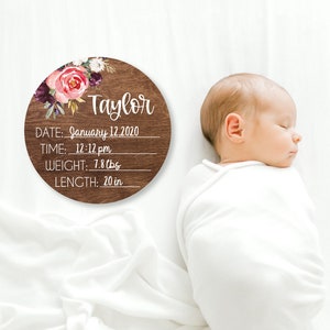 Birth Stats Round Wood Baby Name Sign Wooden Personalized Baby Name ...