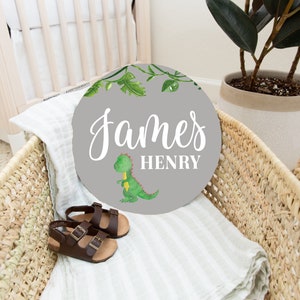 Dinosaur Round Wood Baby Name Sign Wooden Personalized Baby Name Newborn Announcement Custom Dino Nursery Sign Decor