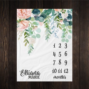 Greenery Floral Milestone Blanket, Baby Month Milestone Blanket, Baby Girl Milestone Blanket Track Growth Keepsake Baby Shower Gift, GM06