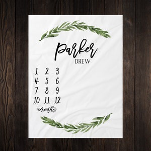 Greenery Milestone Blanket, Monthly Growth Tracker, Personalized Baby Blanket, Custom Blanket, Baby Shower Gift, New Baby Gift, Baby Boy
