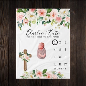 For This Child We Have Prayed Milestone Blanket, Month Blanket, Growth Tracker, Baby Shower Gift, Baptism Newborn Gift,  Cross, Church