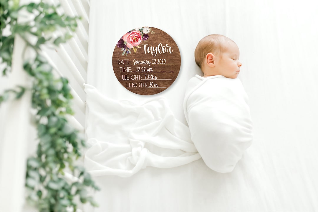 Birth Stats Round Wood Baby Name Sign Wooden Personalized Baby Name ...
