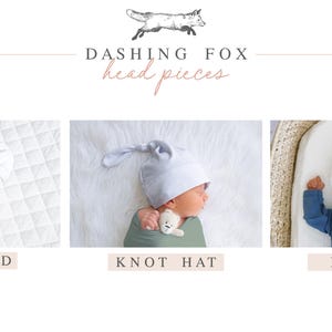 The image is a collage of three photos depicting different headband and hat styles for babies, labeled as 'Headband', 'Knotted Hat', and 'Beanie'.