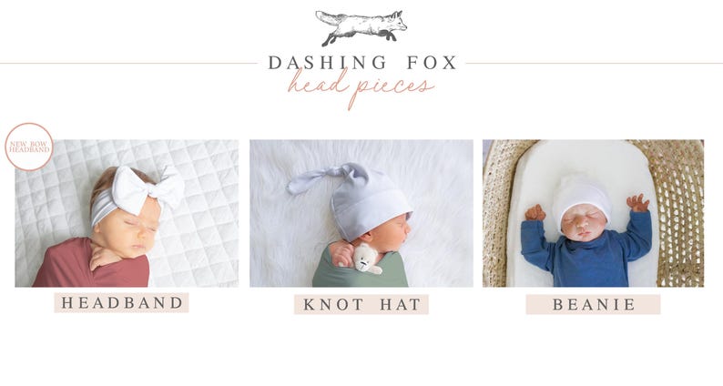 The image is a collage of three photos depicting different headband and hat styles for babies, labeled as 'Headband', 'Knotted Hat', and 'Beanie'.