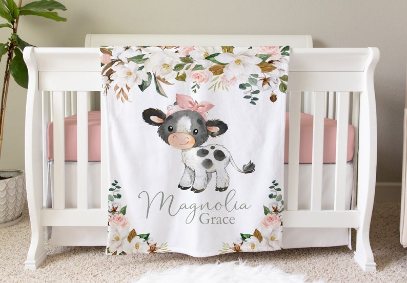 Cow Blanket, Personalized Baby Blanket Gift, Toddler Blanket, Farm Animal Nursery Decor, Toddler Birthday Gift, Cow Theme Blanket, BB03 image 1