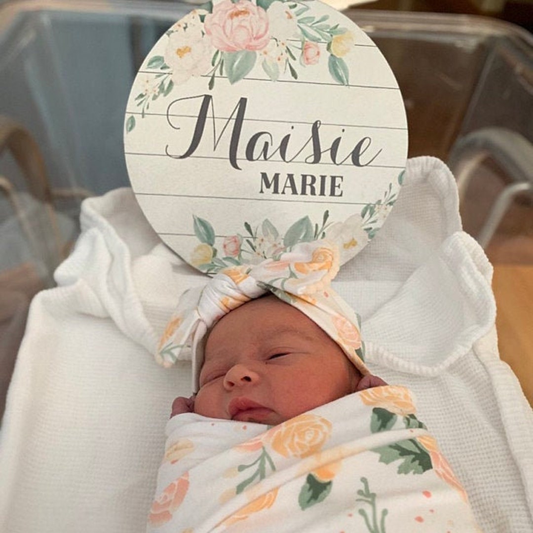 Floral Baby Girl Round Wood Baby Name Sign Wooden Personalized Baby ...