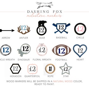 May include: A set of 12 wooden milestone markers in various shapes and designs, including an arrow, antlers, a bear, a baseball, a circle, a circle wreath, a dinosaur, a floral wreath, a football, a heart, a hexagon, a quarterfoil, a rope, and a star. The markers are unpainted and ready to be customized.
