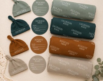 Personalized Baby Swaddle Set, Custom Newborn Blanket with Name Hat, Baby Coming Home Outfit, Optional Name Sign Add On JS54