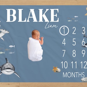 Shark Baby Milestone Blanket Personalized Monthly Baby Blanket Custom Shark Baby Shower Gift For New Mom Keepsake Gift For One Year