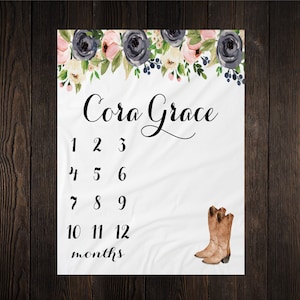 Girl Milestone Blanket Month Growth Tracker Minky Fleece Blanket Custom Personalized Baby Shower Gift Watercolor Floral Newborn