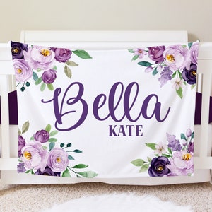 Purple Floral Personalized Baby Blanket, Custom Baby Blanket, Baby Shower Gift, Violet Baby Blanket, Nursery Blanket, Crib Blanket, Hospital