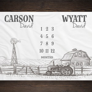 Farm Twin Milestone Blanket, Monthly Growth Blanket, Tractor Blanket, Personalized Twins Blanket, Blanket For Multiples, Twin Nursery Gift