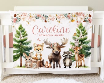 Woodland Blanket, Personalized Baby Blanket Gift, Toddler Blanket, Forest Decor, Toddler Birthday Gift, Woodland Theme Adventure Awaits BB48