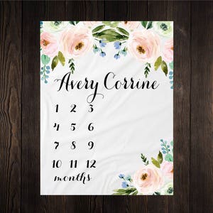 Baby Girl Milestone Blanket Month Growth Tracker Minky Fleece Blanket Custom Personalized Baby Shower Gift Watercolor Floral Newborn