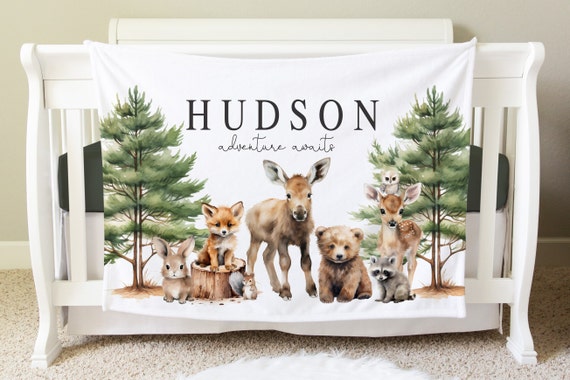 Woodland Blanket, Personalized Baby Blanket Gift, Toddler Blanket, Forest Decor, Toddler Birthday Gift, Woodland Theme Adventure Awaits BB61