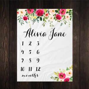 Girl Milestone Blanket Month Growth Tracker Minky Fleece Blanket Custom Personalized Baby Shower Gift Watercolor Floral Newborn