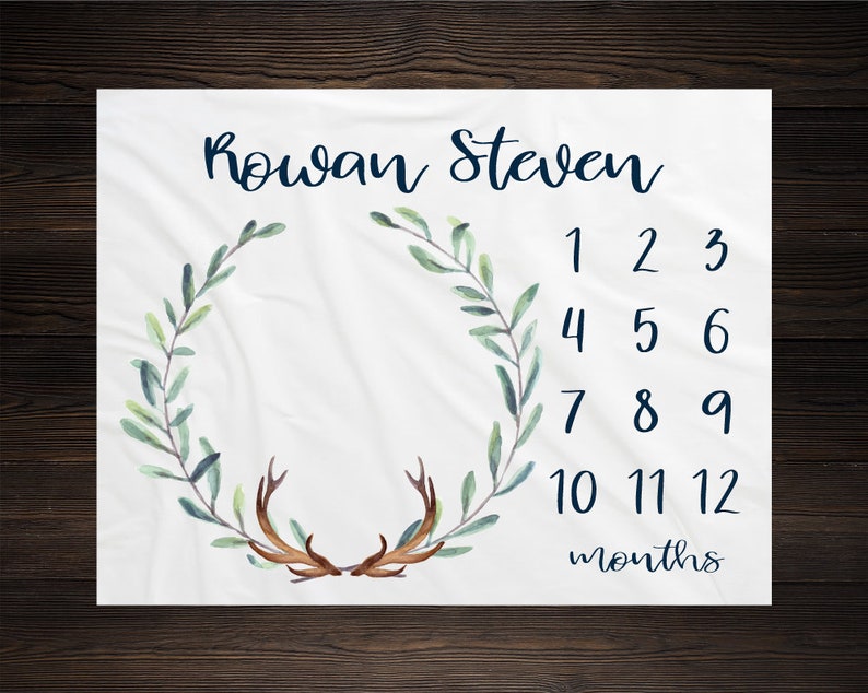 Woodland Milestone Blanket Monthly Growth Tracker Soft Fleece Antler Blanket Baby Shower Gift Newborn Gift Blanket Watch Me Grow Baby Boy image 1