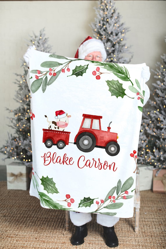 Personalized Farm Christmas Blanket Christmas Present for Kids With Cow and Tractor Etsy