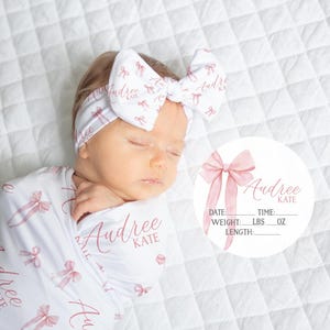 Bow Personalized Swaddle Blanket, Optional Bundle, Newborn Coming Home Outfit Photo Props, Baby Announcement Sign, Baby Shower Gift JS28