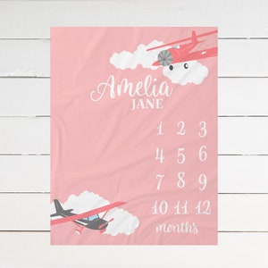 Airplane Milestone Blanket Monthly Growth Tracker Soft Fleece Aviation Blanket Baby Shower Gift Newborn Gift Blanket Watch Me Grow Baby Girl