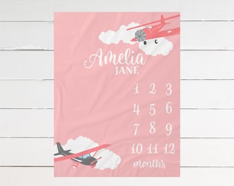 Airplane Milestone Blanket Monthly Growth Tracker Soft Fleece Aviation Blanket Baby Shower Gift Newborn Gift Blanket Watch Me Grow Baby Girl