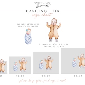 May include: A size chart for baby clothing with illustrations of babies in different sizes. The chart shows the average size of a newborn is around 20 inches and the average size of a 12-month-old is around 30 inches. The chart also shows the different sizes available for purchase, including 30x40, 40x50, 50x60, and 60x80.