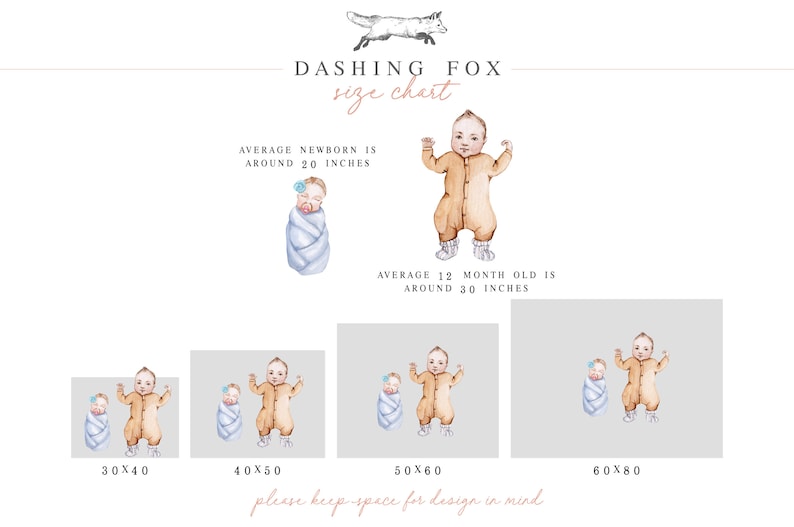 May include: A size chart for baby clothing with illustrations of babies in different sizes. The chart shows the average size of a newborn is around 20 inches and the average size of a 12-month-old is around 30 inches. The chart also shows the different sizes available for purchase, including 30x40, 40x50, 50x60, and 60x80.