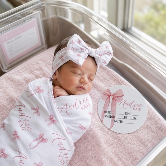 Bow Personalized Swaddle Blanket, Optional Bundle, Newborn Coming Home Outfit Photo Props, Baby Announcement Sign, Baby Shower Gift JS28