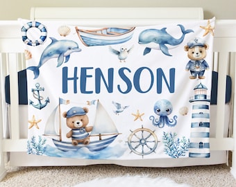 Sea Nautical Blanket, Personalized Baby Blanket Gift, Toddler Blanket, Nautical Nursery Decor, Sailor Theme Blanket, BB42