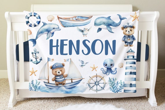 Sea Nautical Blanket, Personalized Baby Blanket Gift, Toddler Blanket, Nautical Nursery Decor, Sailor Theme Blanket, BB42