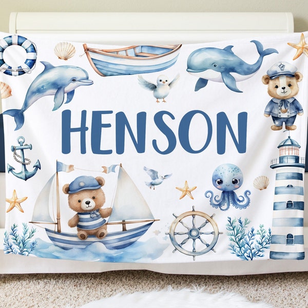 Sea Nautical Blanket, Personalized Baby Blanket Gift, Toddler Blanket, Nautical Nursery Decor, Sailor Theme Blanket, BB42