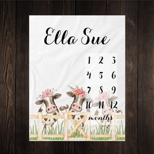 Cows Milestone Blanket Month Growth Tracker Minky Fleece Blanket Custom Personalized Baby Shower Gift Watercolor Floral Newborn